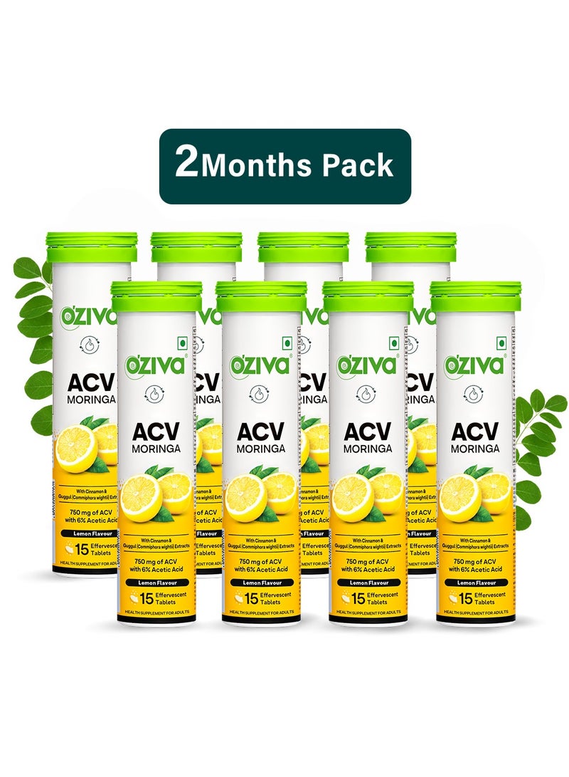 ACV Moringa | Control Cravings | Apple Cider Vinegar, Cinnamon, Guggul | No Maltodextrin & No Added Sugar - Lemon, Pack of 8 (120 Tablets)