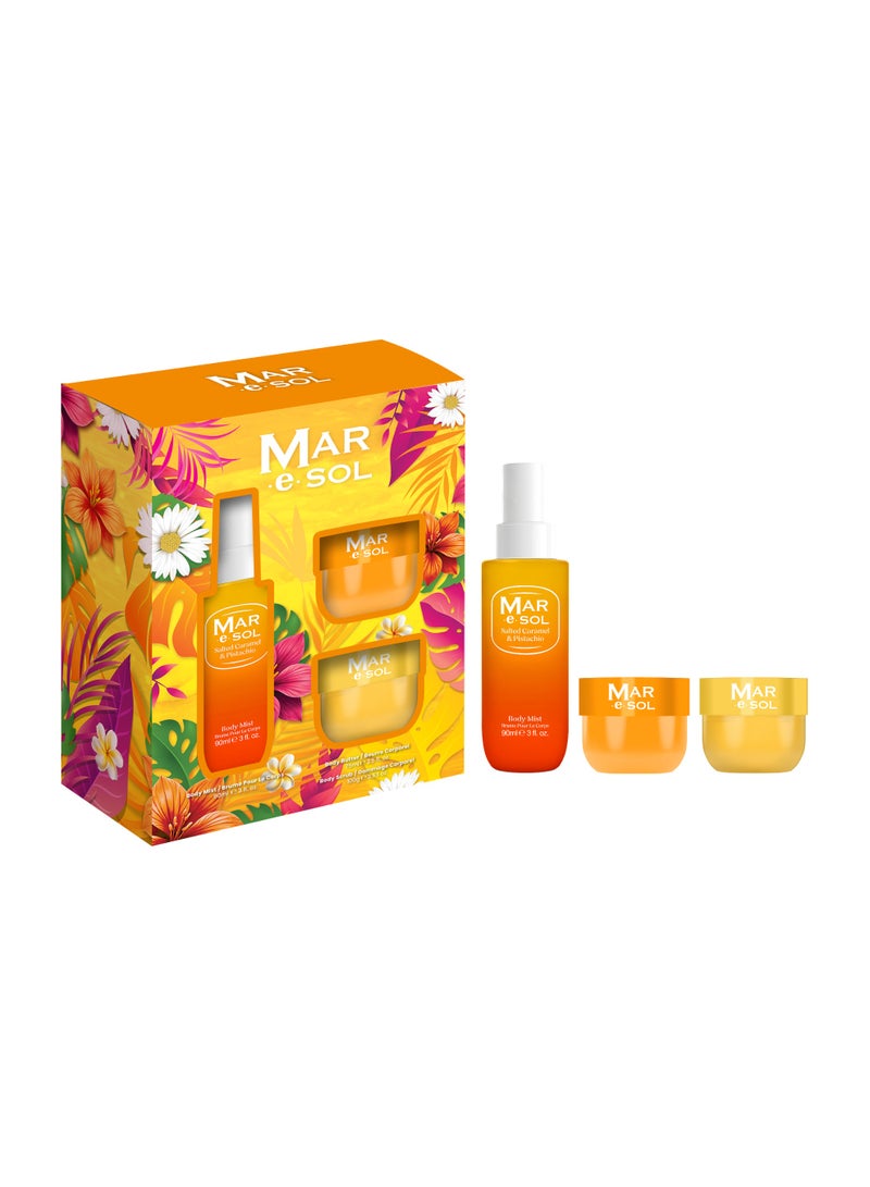 Mar.e.SOL Salted Caramel & Pistachio Gift Set – Body Mist 90ml + Body Scrub 100g + Body Butter 75ml | Sweet & Long-Lasting Women’s Fragrance | Hydrating Body Care Gift Set for Women