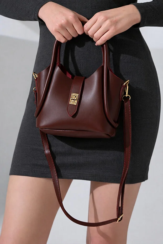 Burgundy Medium Size Women's Gold Snap-Fastened Makeup Bag Gifted - Shoulder and Clutch Bag Stylish